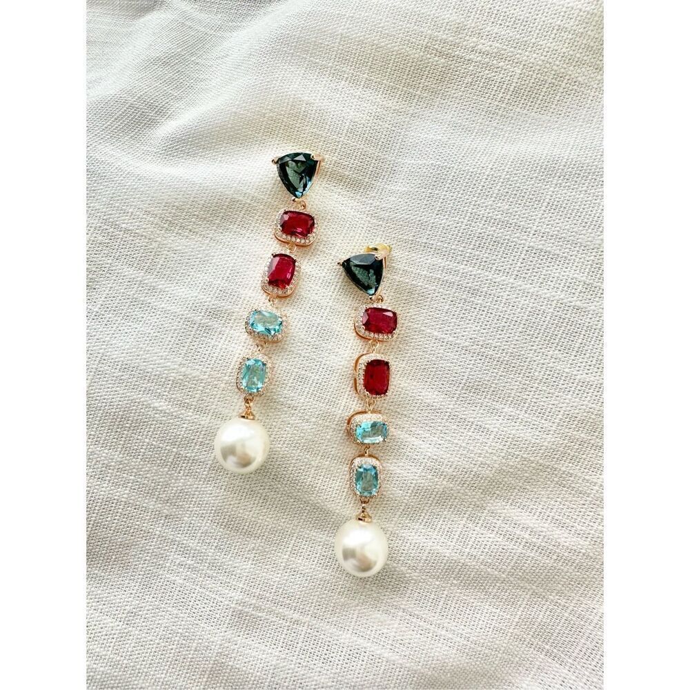 Bright red and blue cubic zirconia dangle faux pearl earrings ￼